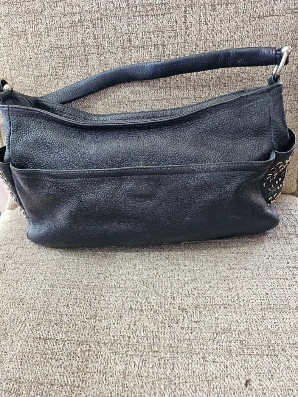 Furla Black Genuine Leather Studded Crystal Hobo Shoulder Bag